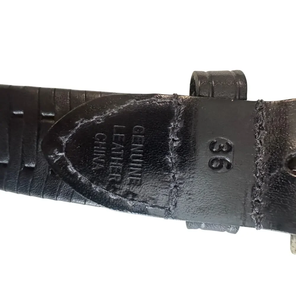 Classic Belt Mens 36 Black Leather Woven Texture Silver Tone Adjustable Buckle